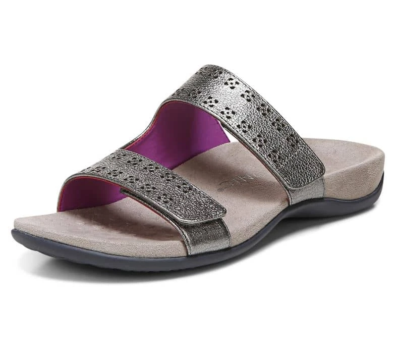 Vionic Women's Nakia Adjustable Slide Sandals Pewter Leather Metallic - Image 5