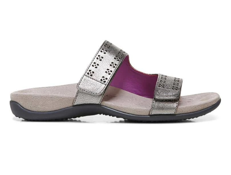 Vionic Women's Nakia Adjustable Slide Sandals Pewter Leather Metallic - Image 4