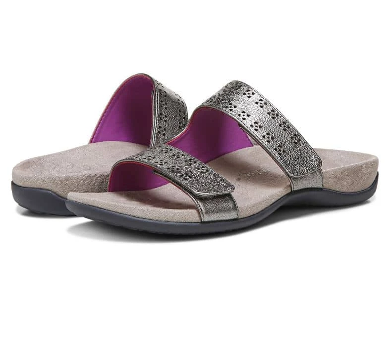 Vionic Women's Nakia Adjustable Slide Sandals Pewter Leather Metallic - Image 8